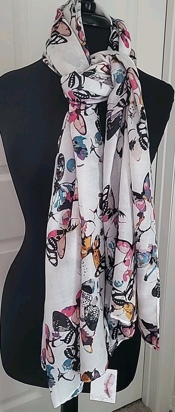 NWT Jessica Simpson Butterfly Scarf White Colorful Wrap Boho Chic